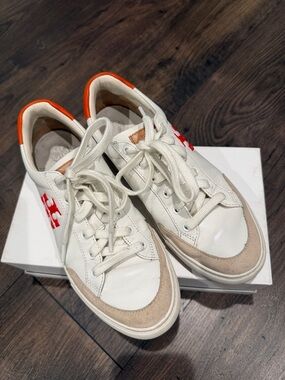 Tory Burch White Sneakers with Red Logo and Orange Heel Accent